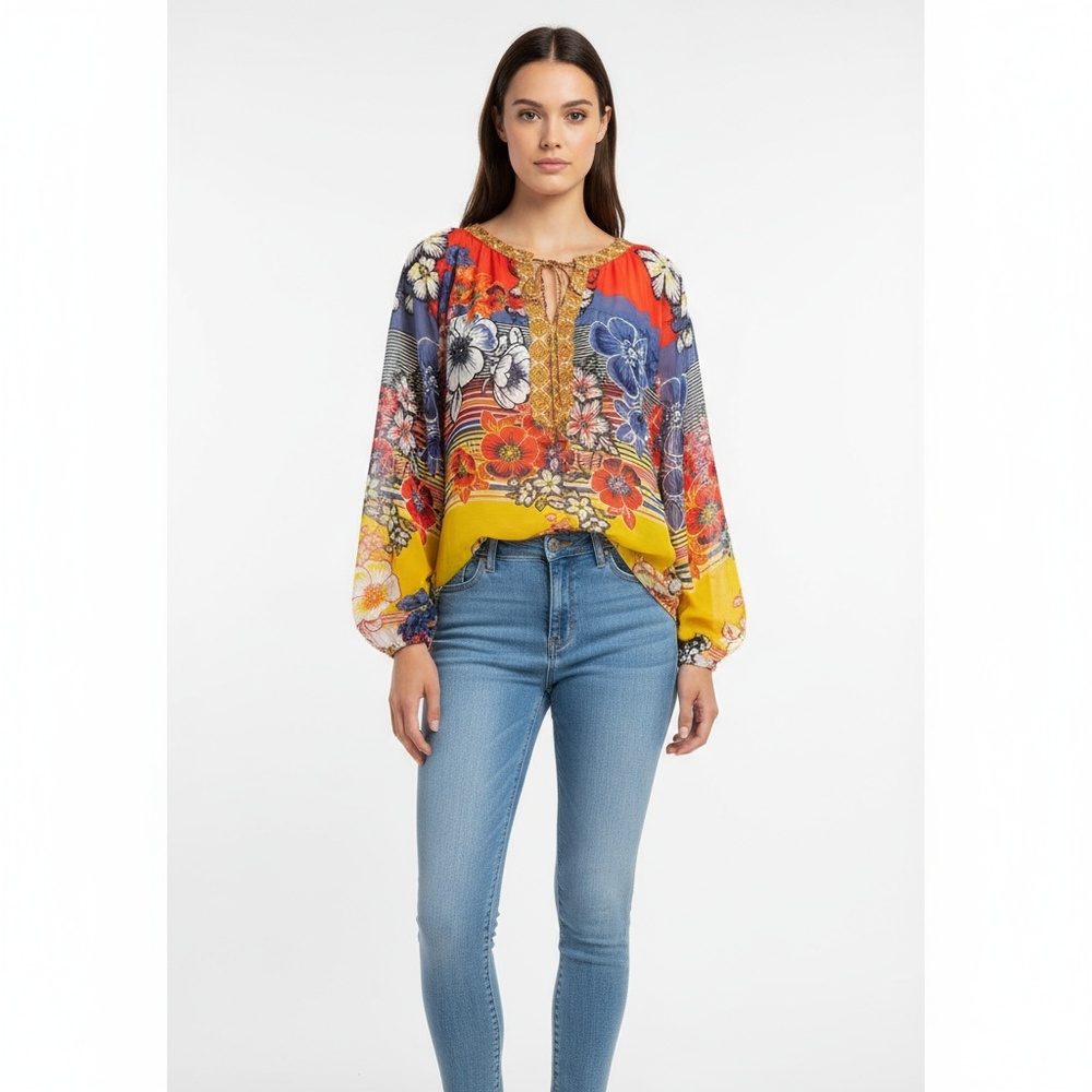 FIGUEROA & flower Womens Blouse Size XL Multicolor Floral Tie Neck Boho Sheer